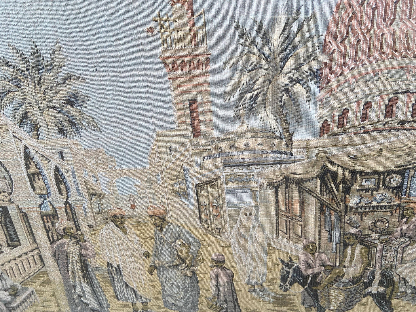 Tapestry vintage of North African Town scene, outstanding large needlework. 1930s tapestry in a 1990 glazed wooden frame (70cm x 54cm)