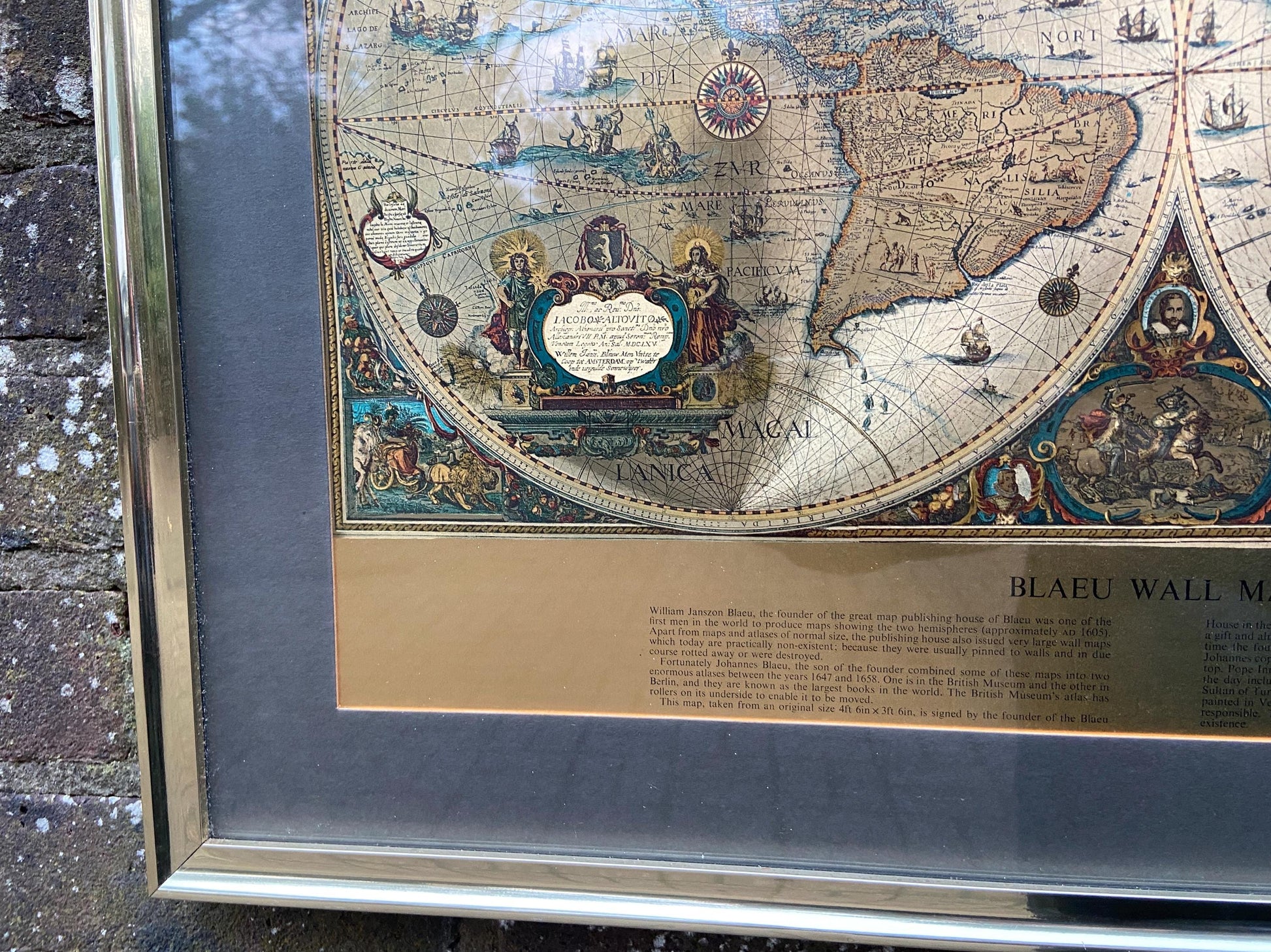 Blaeu Wall Map Vintage Print - authentic print with metallic detail in vintage frame