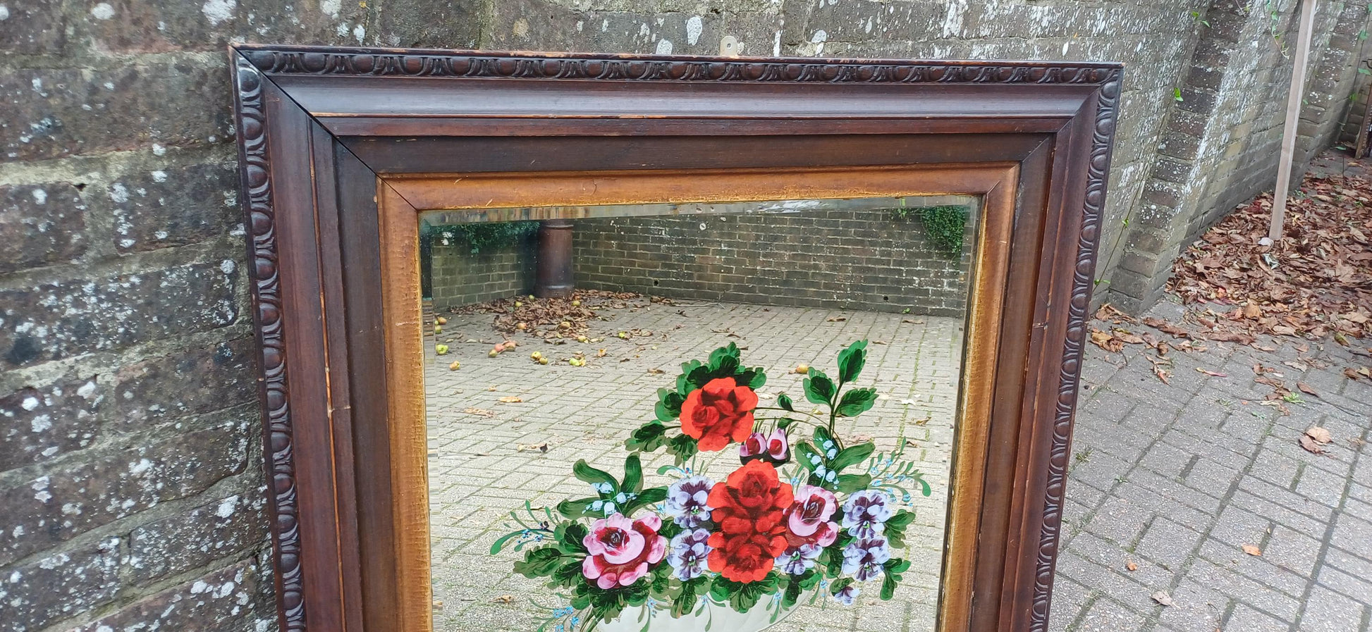Large Vintage Pre War Central European Floral Mirror with Etched Glass Flower Motif Decoration. Free Hand Delivery.