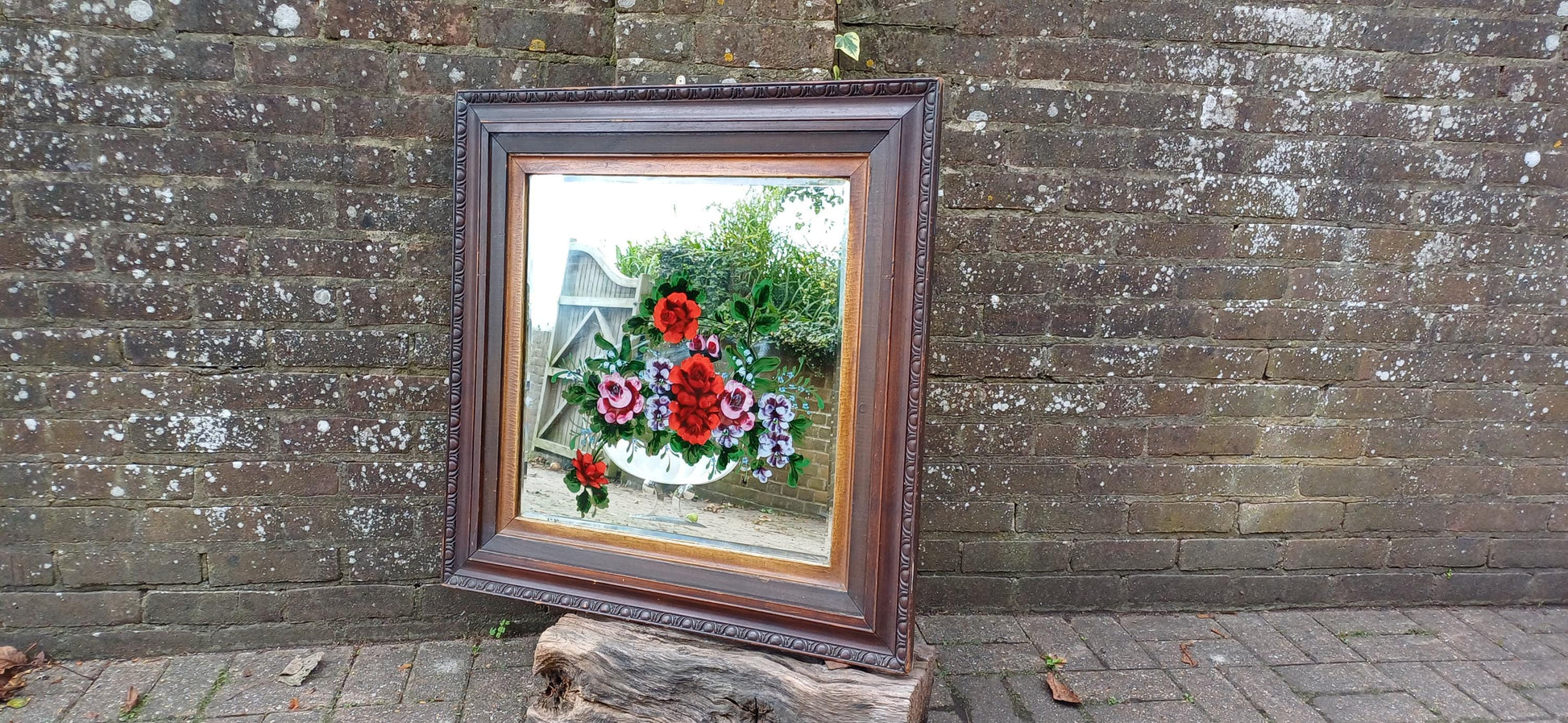 Large Vintage Pre War Central European Floral Mirror with Etched Glass Flower Motif Decoration. Free Hand Delivery.