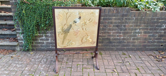Huge Imposing Victorian Mahogany Fire Screen with Bird of Paradise Embroidery Needlework. Free Hand Delivery.