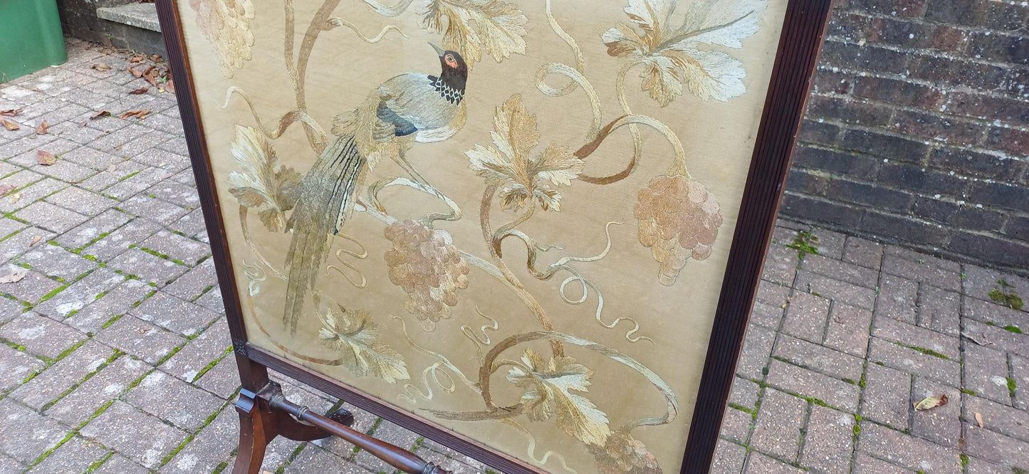 Huge Imposing Victorian Mahogany Fire Screen with Bird of Paradise Embroidery Needlework. Free Hand Delivery.