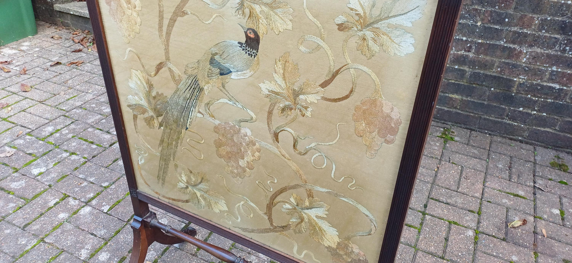 Huge Imposing Victorian Mahogany Fire Screen with Bird of Paradise Embroidery Needlework. Free Hand Delivery.