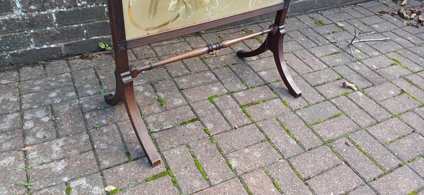 Huge Imposing Victorian Mahogany Fire Screen with Bird of Paradise Embroidery Needlework. Free Hand Delivery.