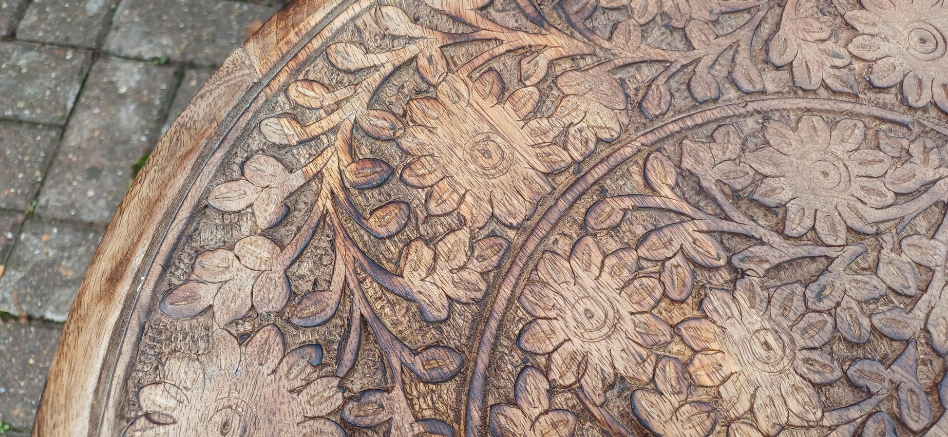 Beautiful Hand-Carved Middle Eastern Round Side Table – Vintage, Age-Worn Accent for Wine, Bedside, or Occasional Use Benares Style