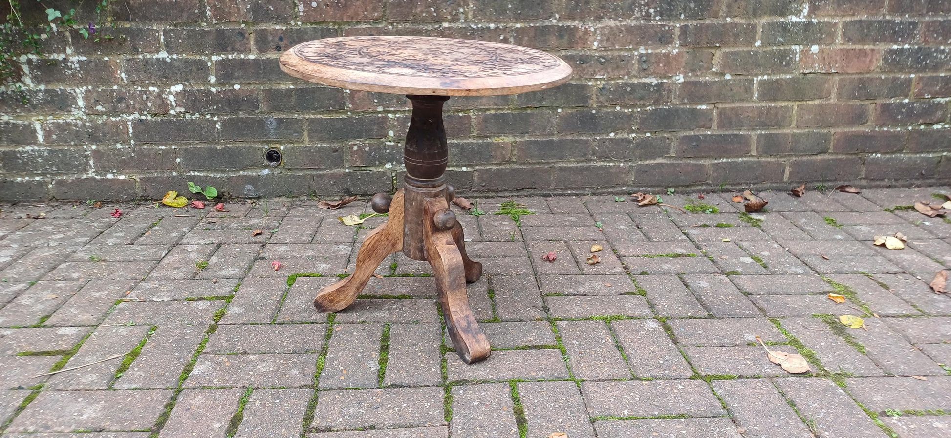 Beautiful Hand-Carved Middle Eastern Round Side Table – Vintage, Age-Worn Accent for Wine, Bedside, or Occasional Use Benares Style