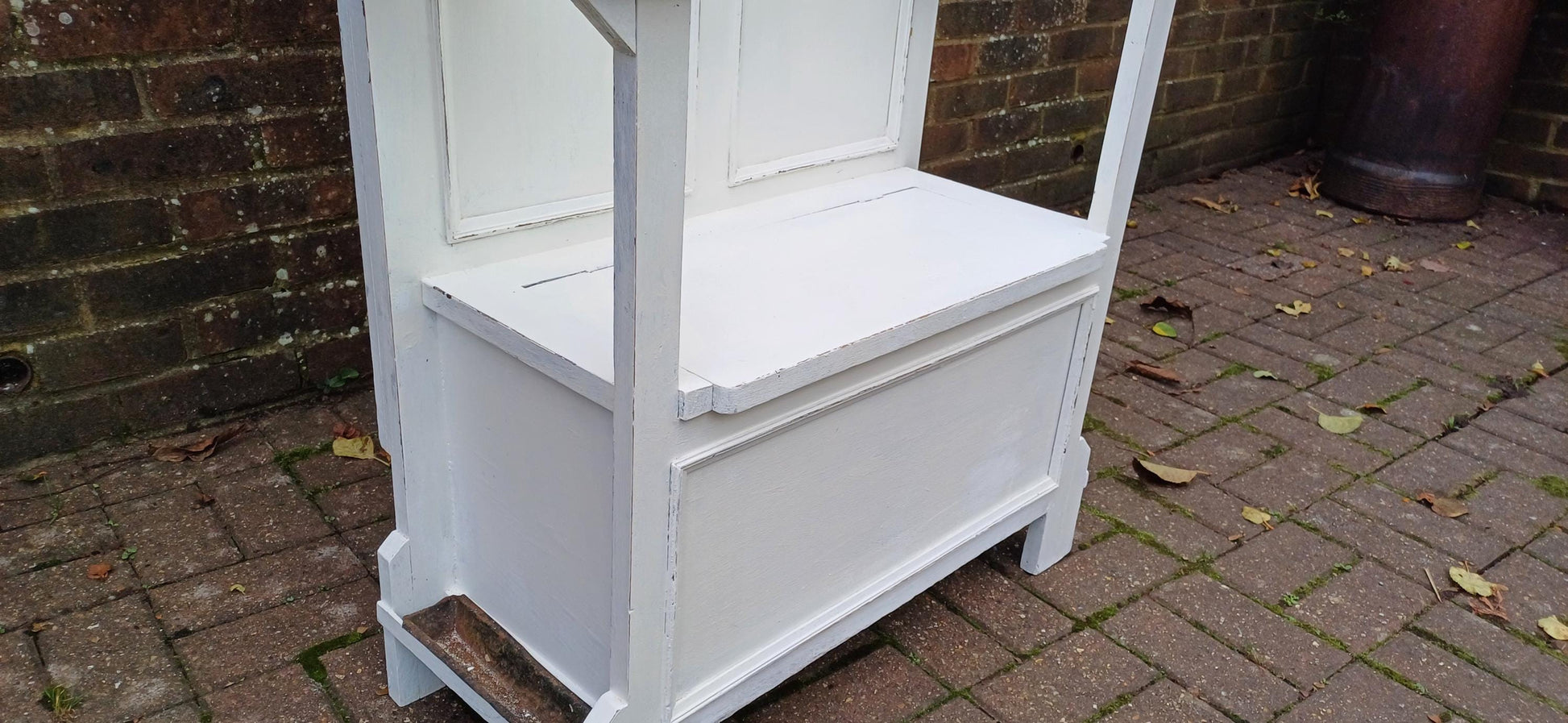 Vintage Retro Painted Mid Century Coat Stand with Farrow & Ball Finish Bevelled Mirror Built-In Storage Seat Umbrella Stand.