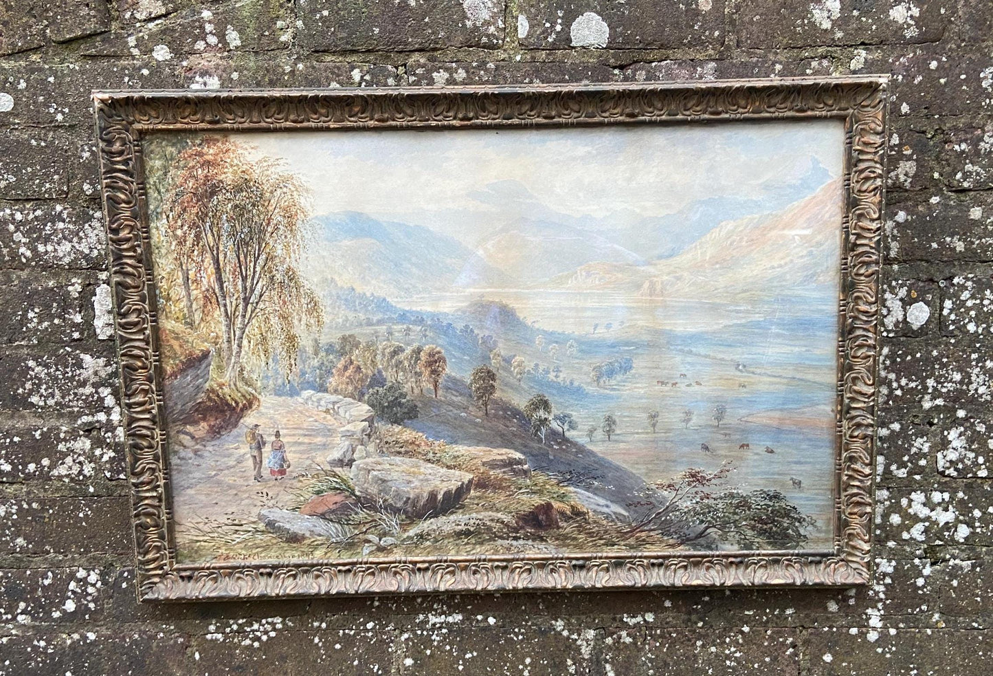 exceptionally detailed watercolour painting of the Welsh countryside and mountains. painted by R TJ Chancellor in 1873. framed in antique glazed gesso frame
