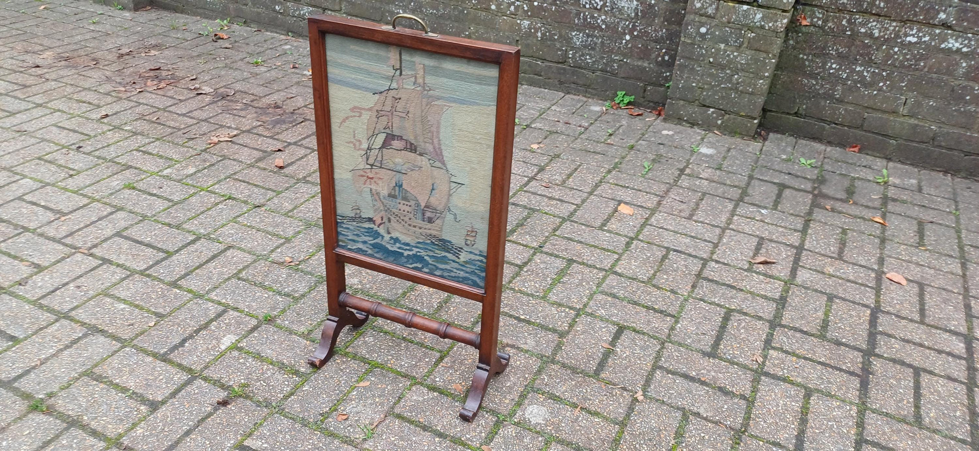 Stunning Top Quality Mahogany Glazed Fire Screen with Galleon Tapestry Unusually Thin Perfect for Smaller Fireplace.