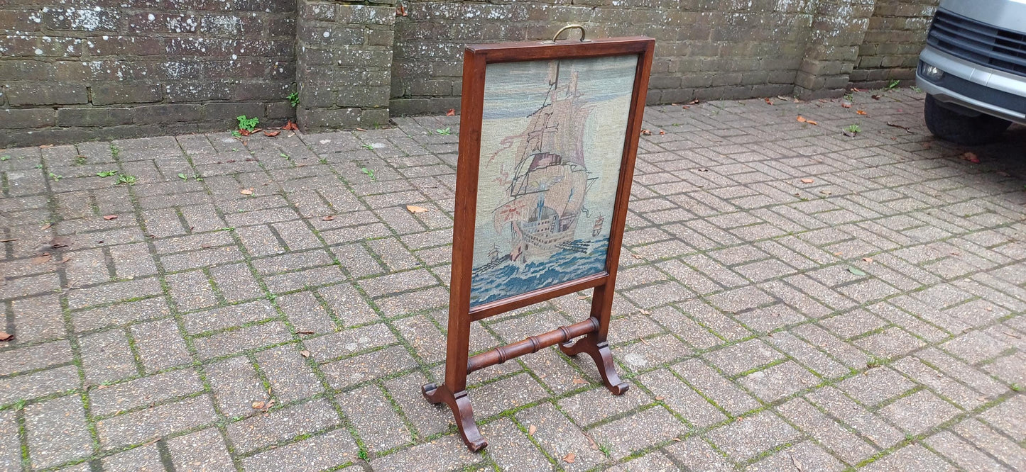 Stunning Top Quality Mahogany Glazed Fire Screen with Galleon Tapestry Unusually Thin Perfect for Smaller Fireplace.