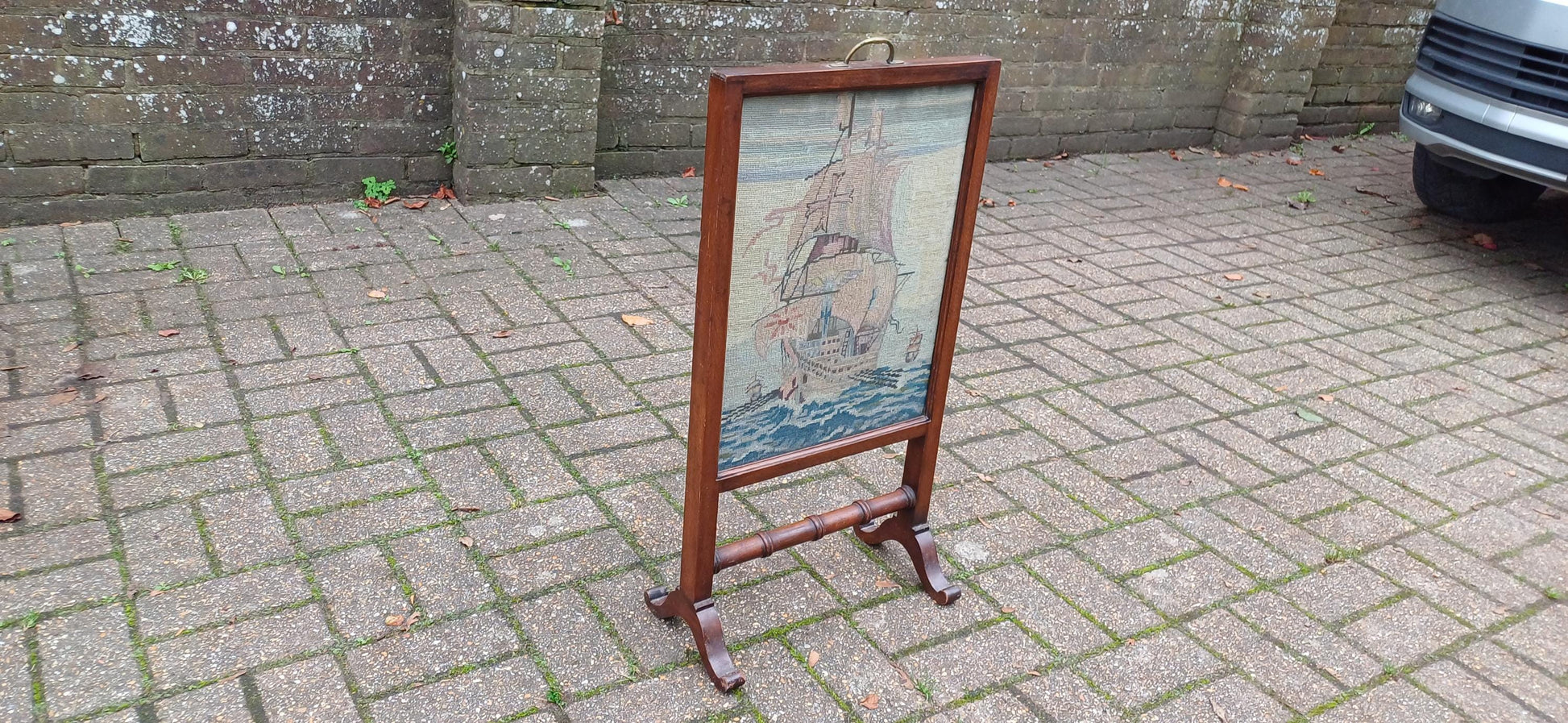 Stunning Top Quality Mahogany Glazed Fire Screen with Galleon Tapestry Unusually Thin Perfect for Smaller Fireplace.