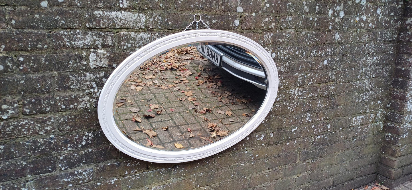 Striking Large Vintage Oval Wall Mirror with Beveled Glass – Painted White Frame