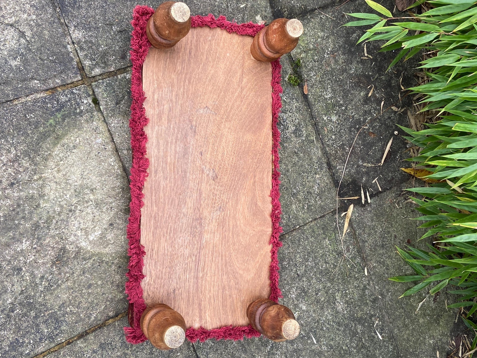 Retro upholstered foot stool - authentic vintage stool with tapestry type upholstery and turned legs (60cm x 23cm x 29cm)