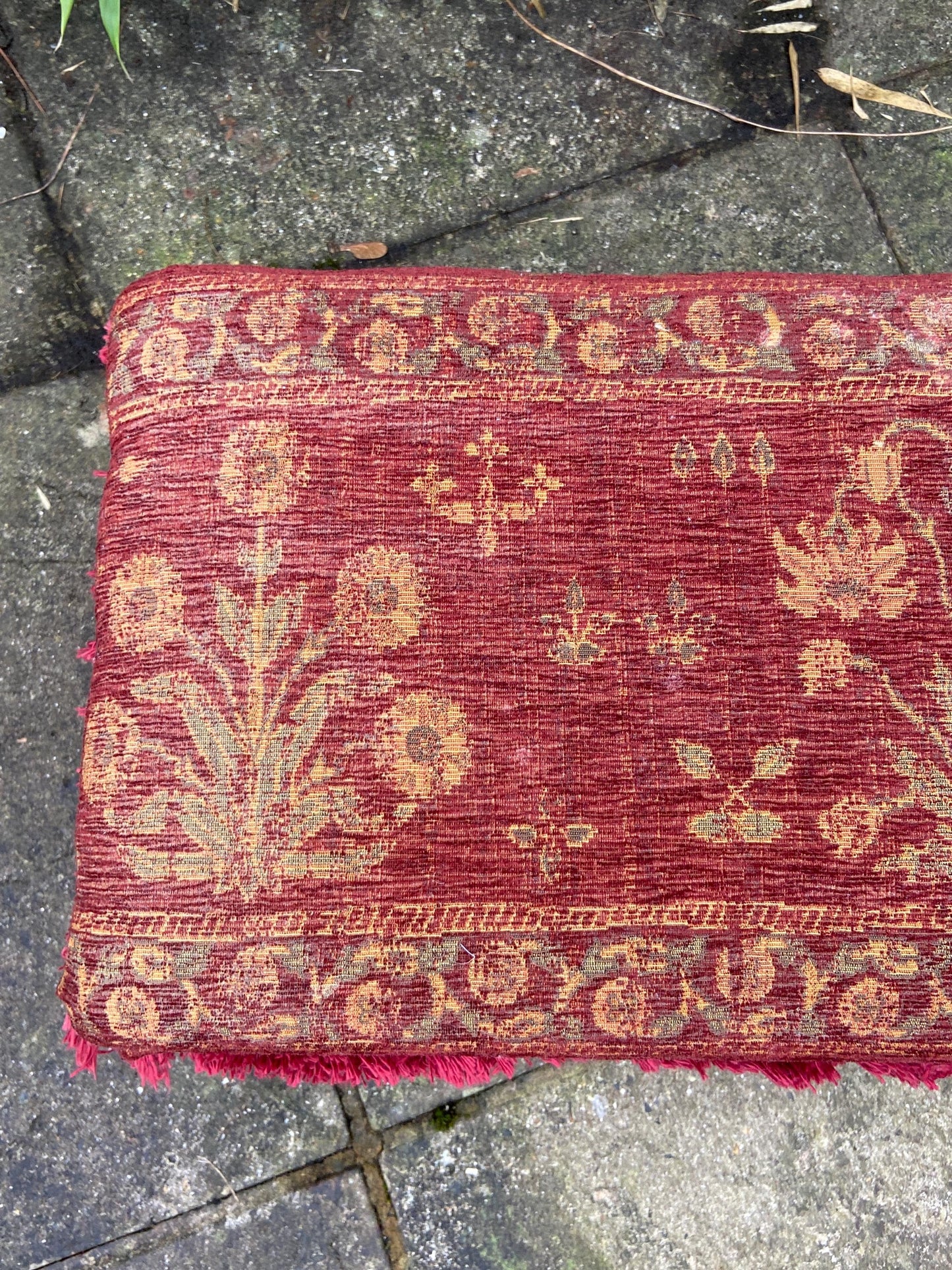 Retro upholstered foot stool - authentic vintage stool with tapestry type upholstery and turned legs (60cm x 23cm x 29cm)