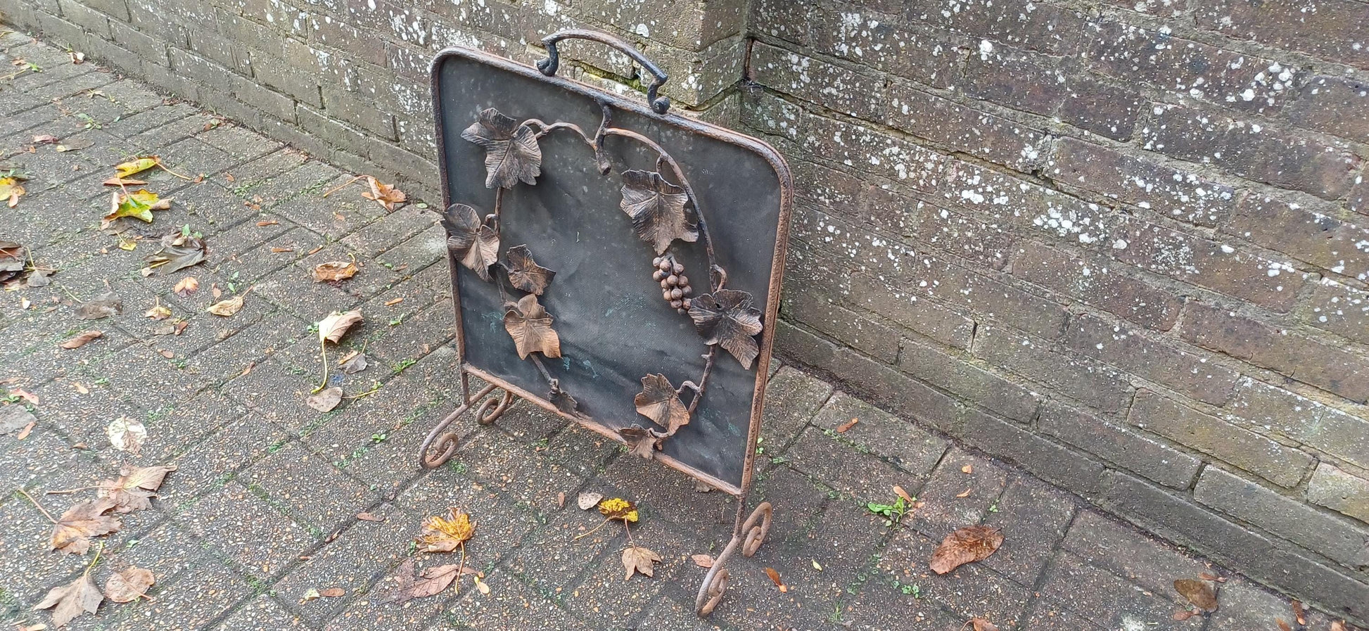 Vintage 70s Age Worn Rustic Iron and Mesh Decorative Fire Screen Grape Decoration.
