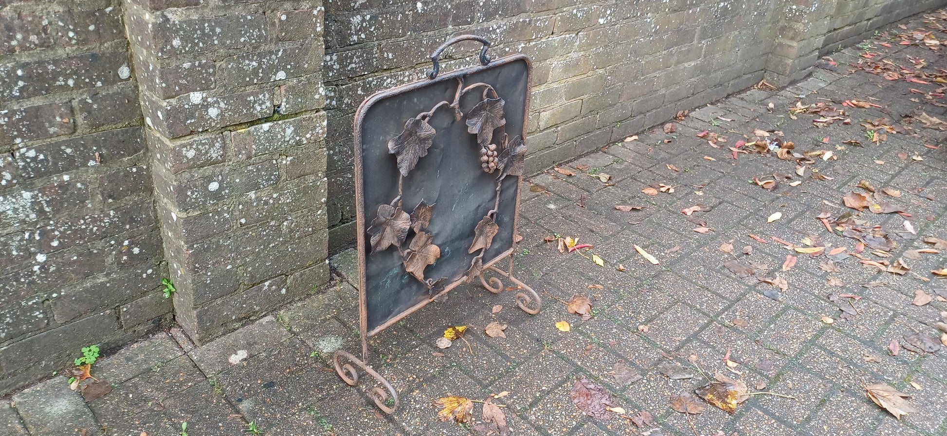 Vintage 70s Age Worn Rustic Iron and Mesh Decorative Fire Screen Grape Decoration.
