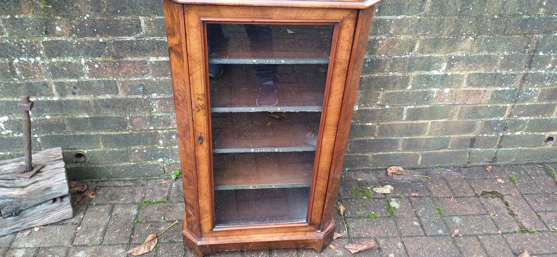 Amazing Quality Vintage Victorian Walnut and Inlaid Glazed Cupboard Former Music Sheet Storage Adjustable Shelf Configuration.
