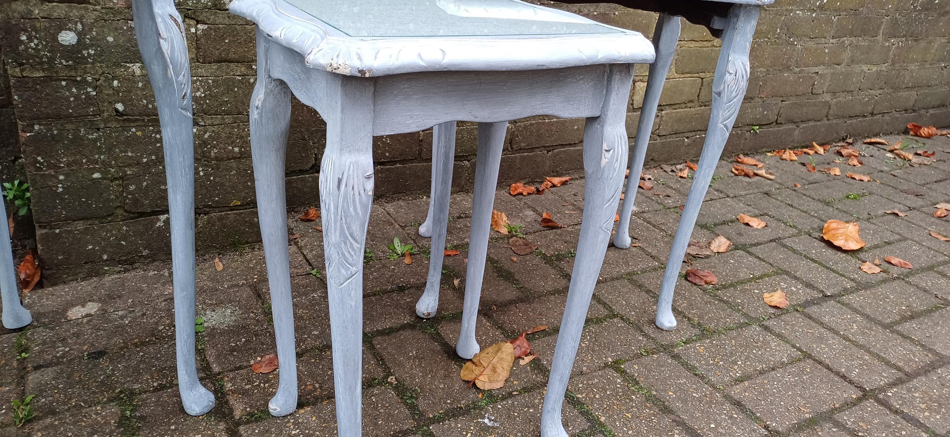 Superb Set of 3 Upcycled Occasional Coffee Tables with Glass Tops | Elegant Grey Hues. Break Up and Use About The House