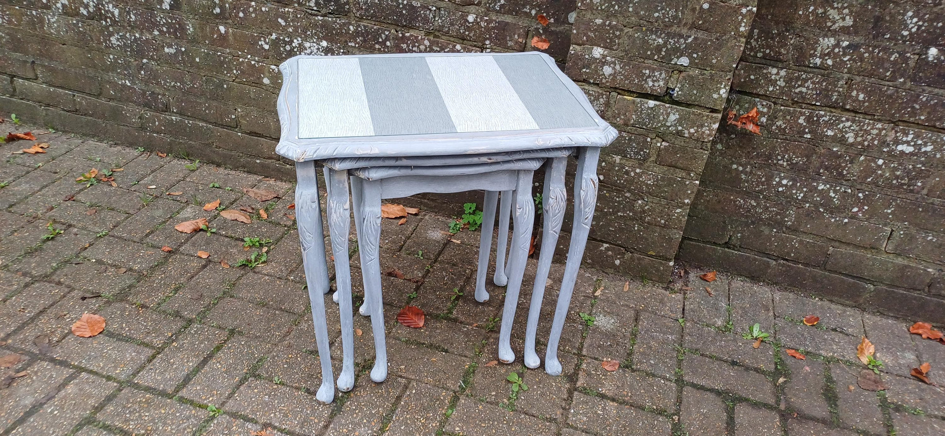 Superb Set of 3 Upcycled Occasional Coffee Tables with Glass Tops | Elegant Grey Hues. Break Up and Use About The House