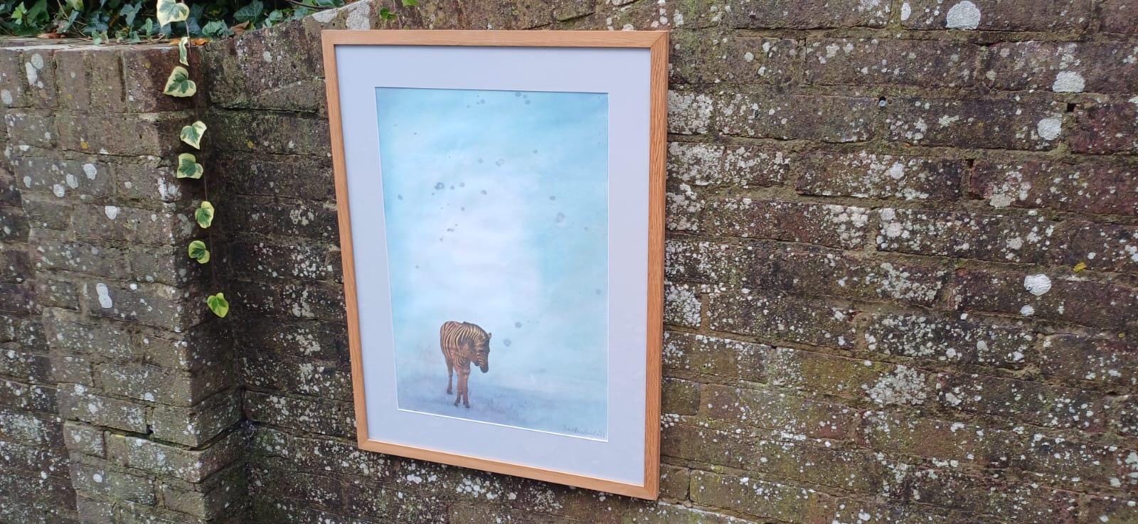 ZEBRA Large original mixed media painting of Two Zebras titled Reunited, watercolour & collage, professionally framed (Dorothea Huntrods)