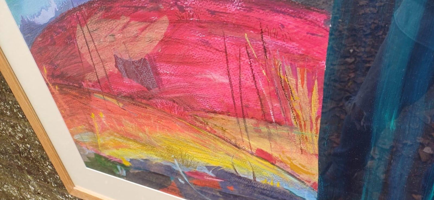 SUNSET Huge framed vintage original acrylic mixed media abstract painting by Dorothea Huntrods, signed