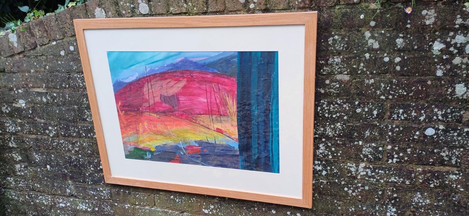 SUNSET Huge framed vintage original acrylic mixed media abstract painting by Dorothea Huntrods, signed