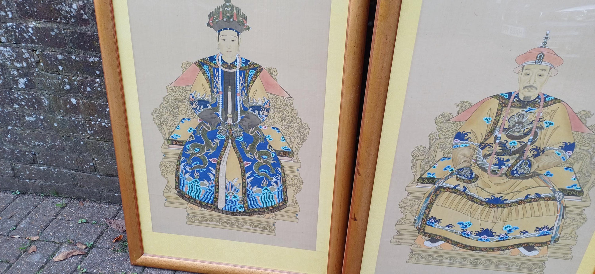 Massive Majestic Vintage Hand Painted on Silk Paintings Chinese Emperor and Empress 126 x 67 cm FREE HAND DELIVERY Qianlong and Quin Dynasty