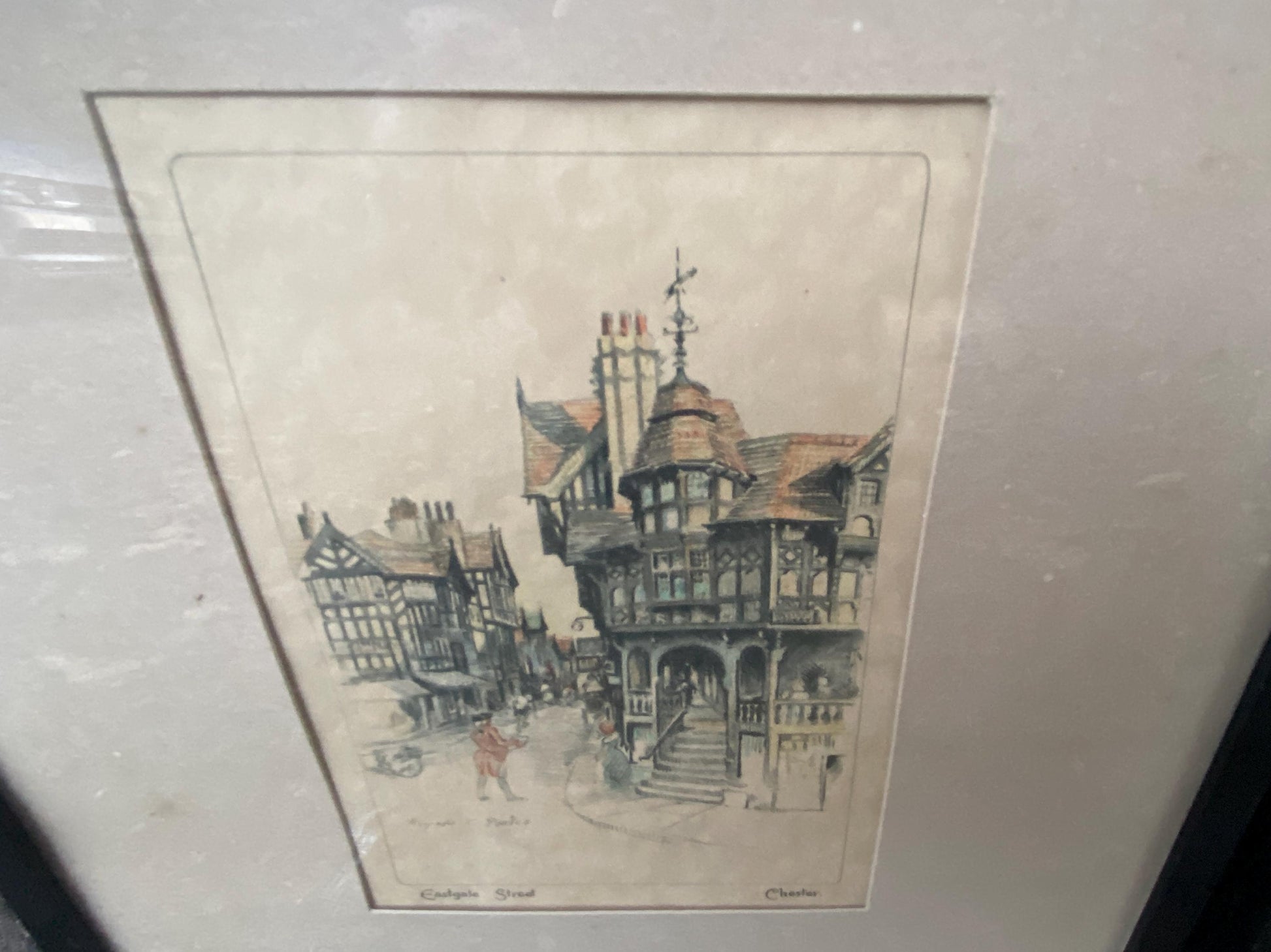 Chester : Early 1900s hand painted lithographs/prints by Marjorie Bates - Eastgate Street and Uncle Tom's Cabin, Chester - vintage frames