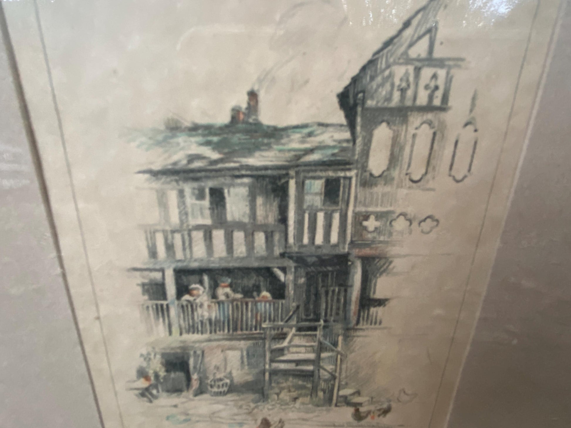 Chester : Early 1900s hand painted lithographs/prints by Marjorie Bates - Eastgate Street and Uncle Tom's Cabin, Chester - vintage frames