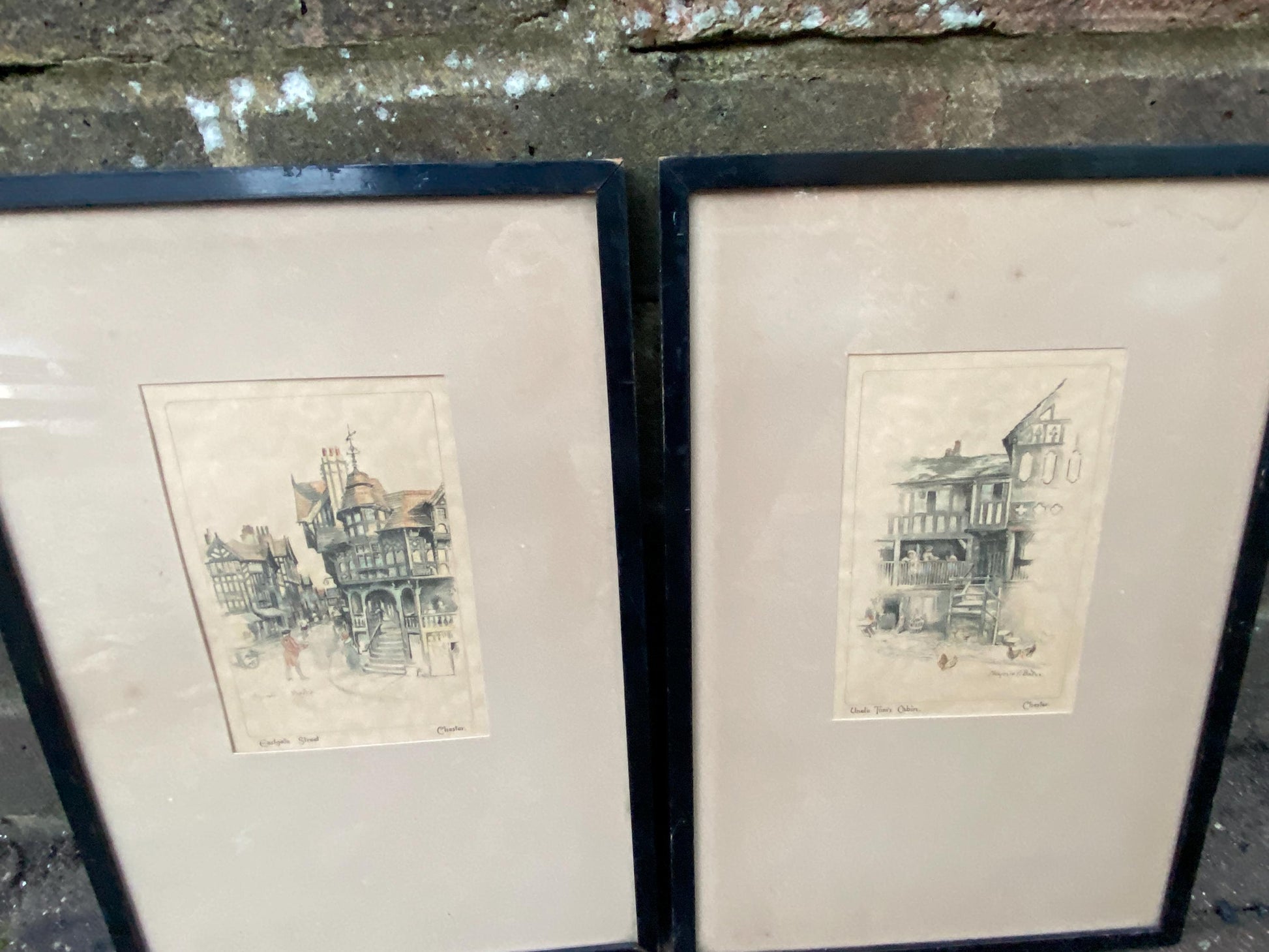 Chester : Early 1900s hand painted lithographs/prints by Marjorie Bates - Eastgate Street and Uncle Tom's Cabin, Chester - vintage frames