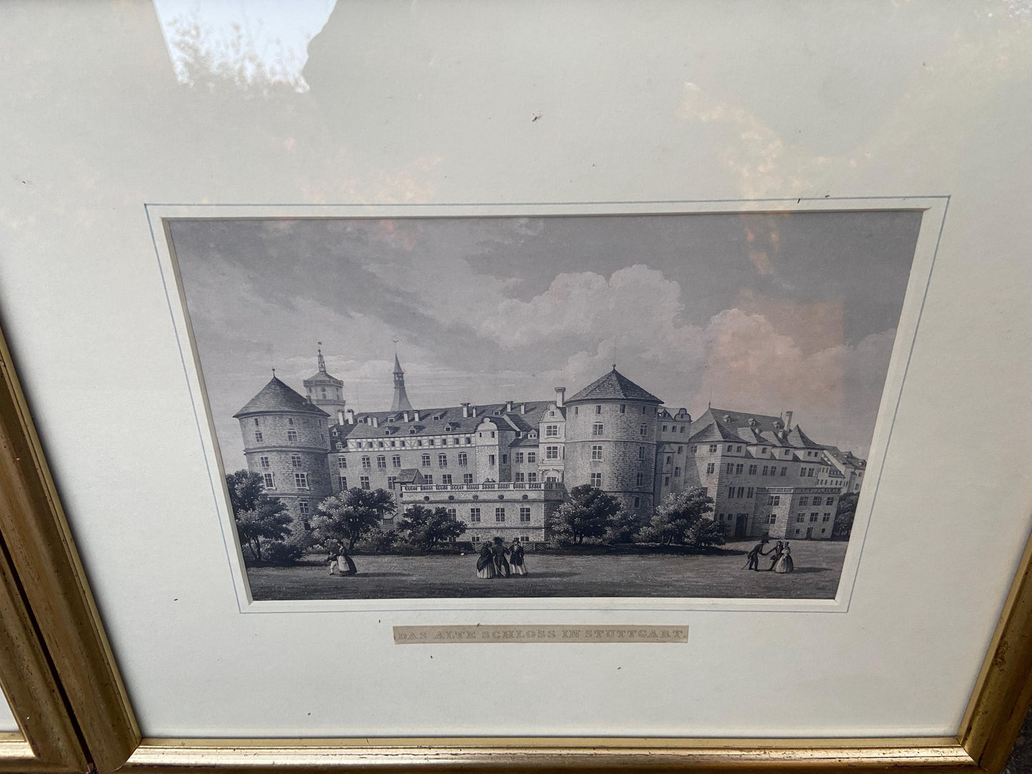 Vintage prints of German Castles (Stuttgart) in vintage mounts and frames - Das Neue Schloss and Das Alte Schloss