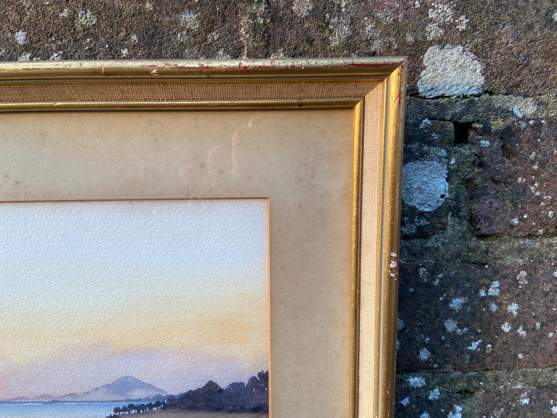 Original Joan Hadfield water colour of Sunrise at Cos 1958, mid century framed original painting