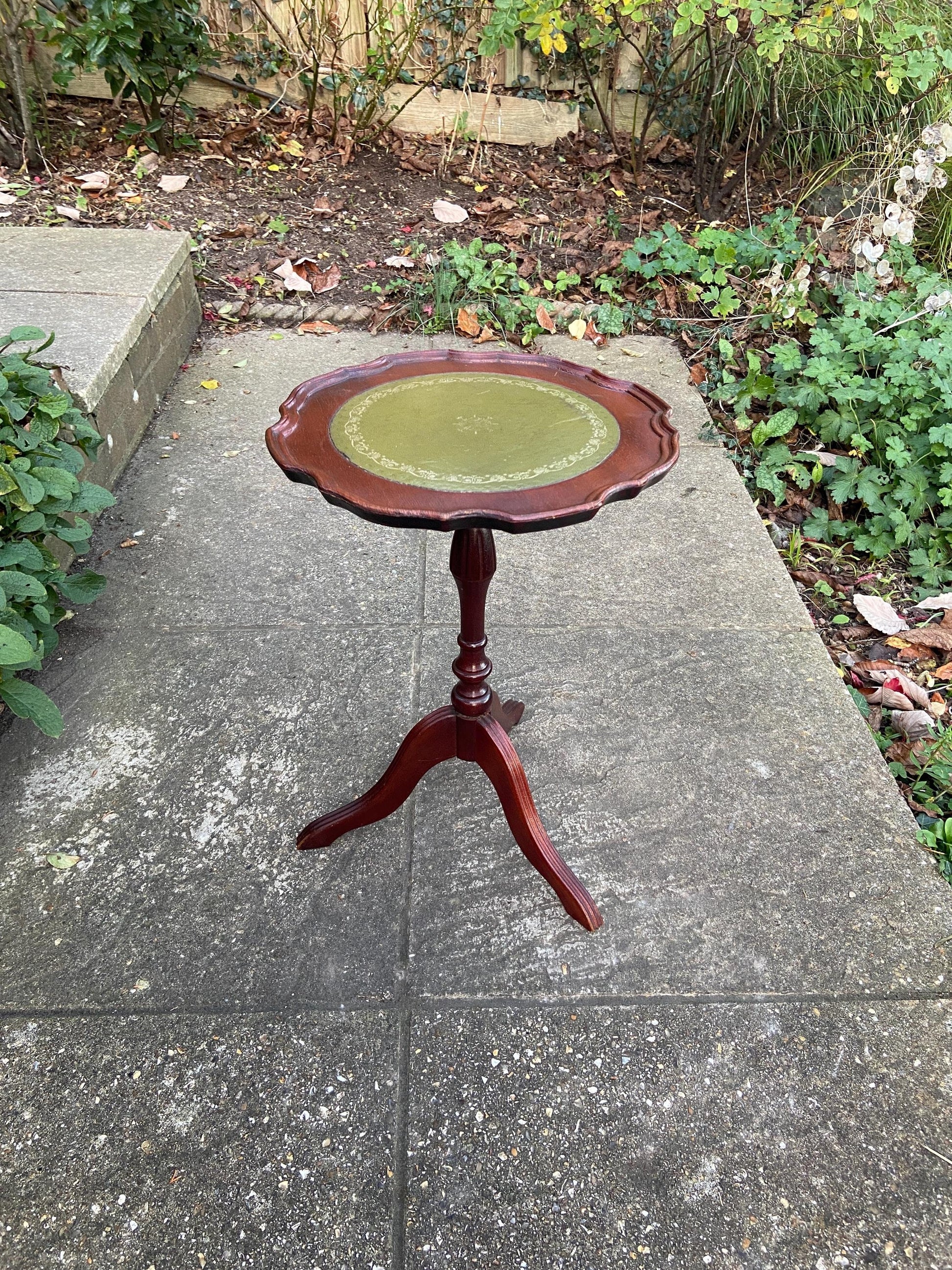 1980s wine table. side table. end table.  small wooden table with green leatherette top.  vgc
