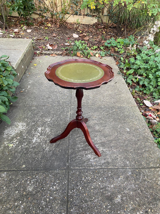 1980s wine table. side table. end table.  small wooden table with green leatherette top.  vgc