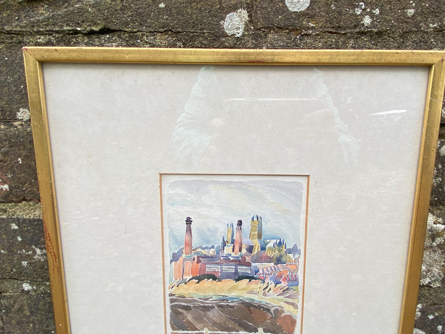 Original vintage watercolour painting of Lincoln, cathedral and power station - framed 38cm x 31cm