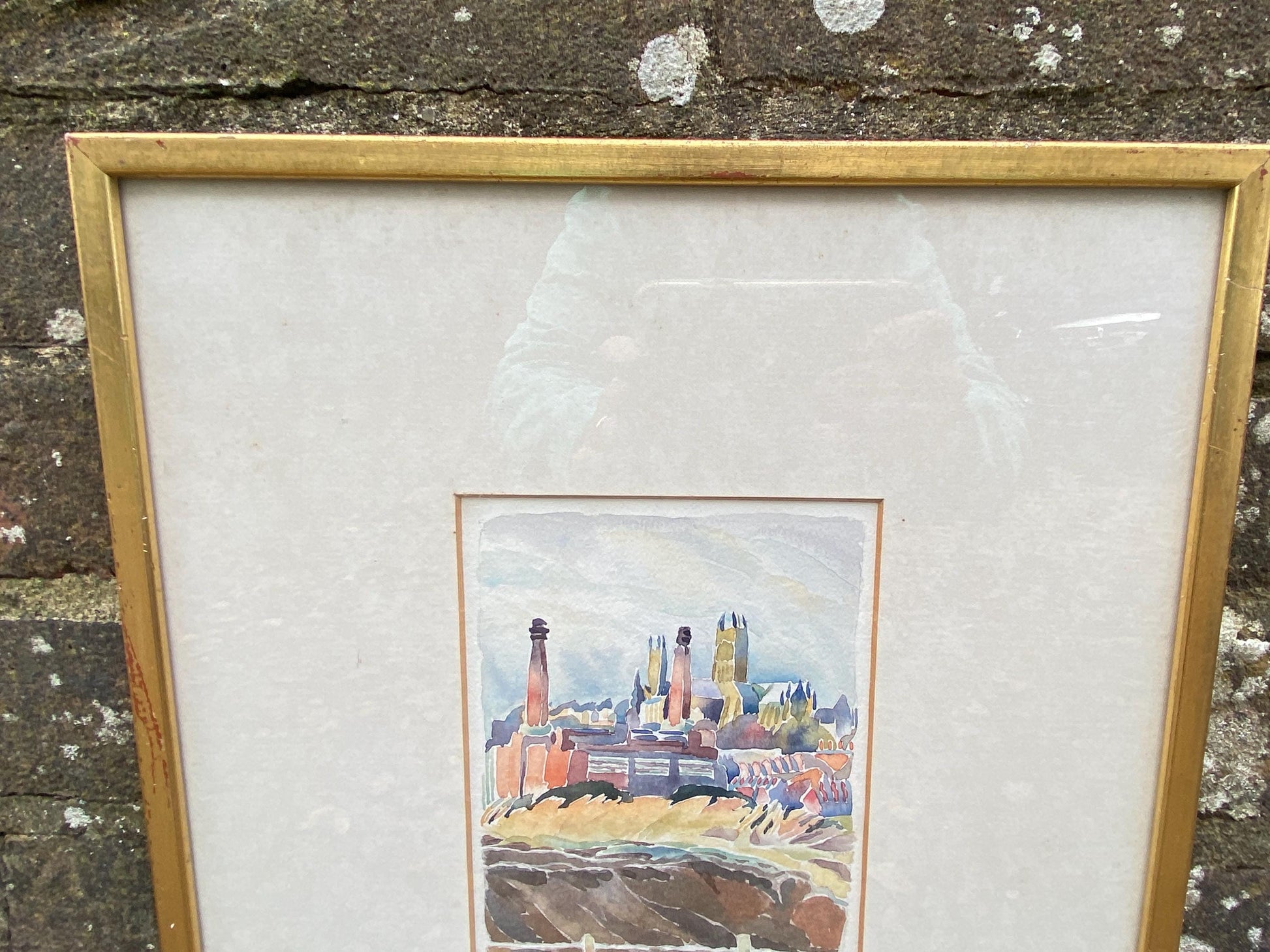 Original vintage watercolour painting of Lincoln, cathedral and power station - framed 38cm x 31cm