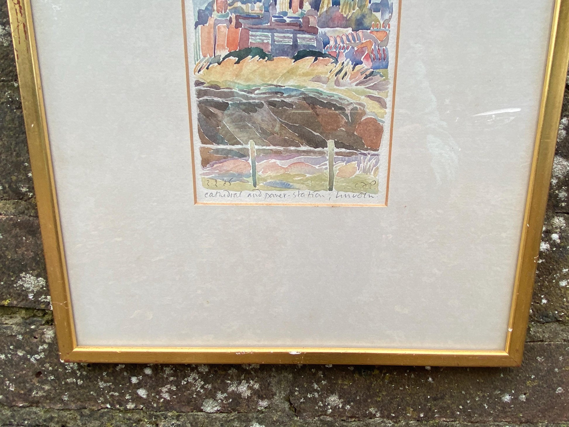 Original vintage watercolour painting of Lincoln, cathedral and power station - framed 38cm x 31cm