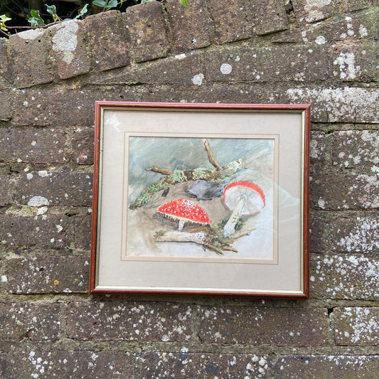 watercolour original painting of mushrooms, toadstools or fungus. lovely amateur painting. framed in glazed frame. vintage art