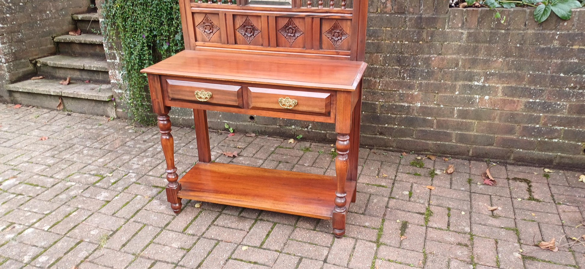 Vintage Victorian Style Solid Teak Hall Stand Entryway Stand Side Table Brass Features