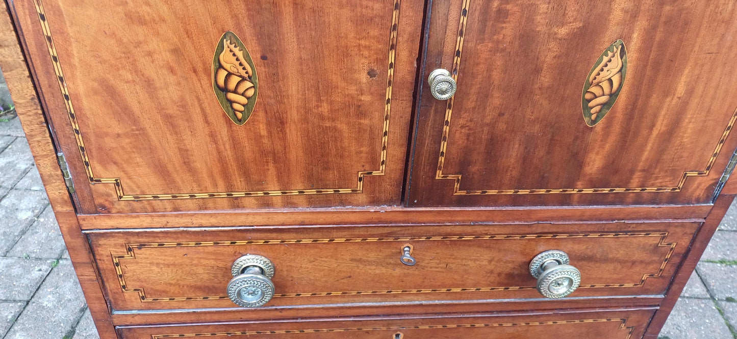 Georgian Early Victorian Mahogany Inlaid and Oak Cupboard with Drawers Sideboard
