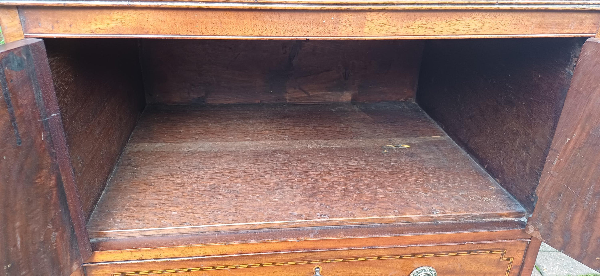 Georgian Early Victorian Mahogany Inlaid and Oak Cupboard with Drawers Sideboard