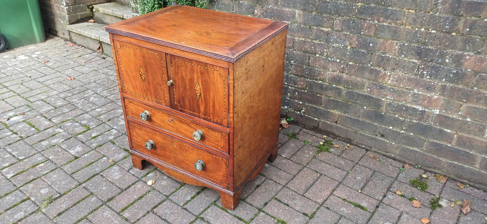 Georgian Early Victorian Mahogany Inlaid and Oak Cupboard with Drawers Sideboard