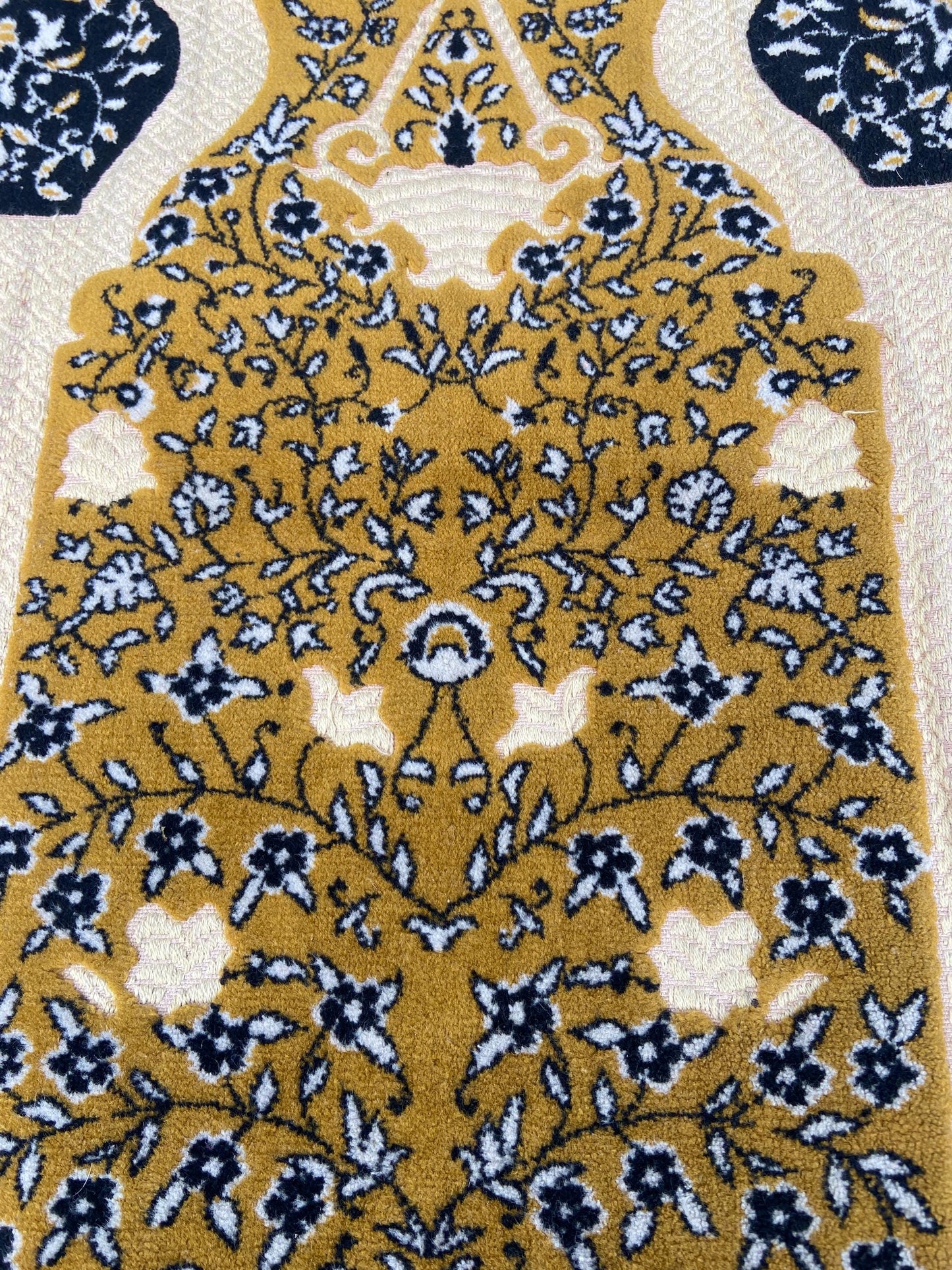 Vintage small woollen rug, Turkish prayer mat, mustard yellow, black and cream vintage wool rug (112cm x 68cm)