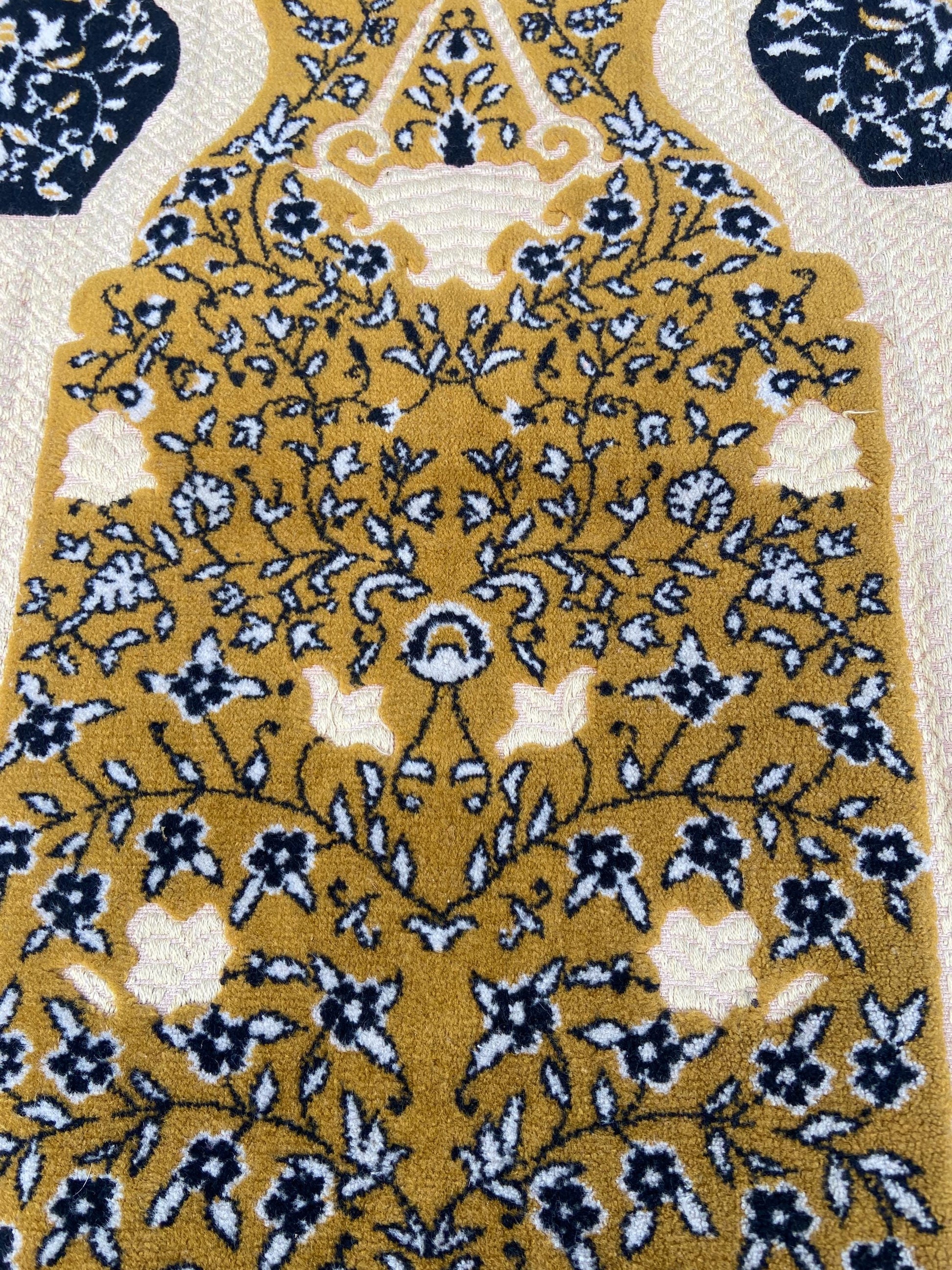 Vintage small woollen rug, Turkish prayer mat, mustard yellow, black and cream vintage wool rug (112cm x 68cm)