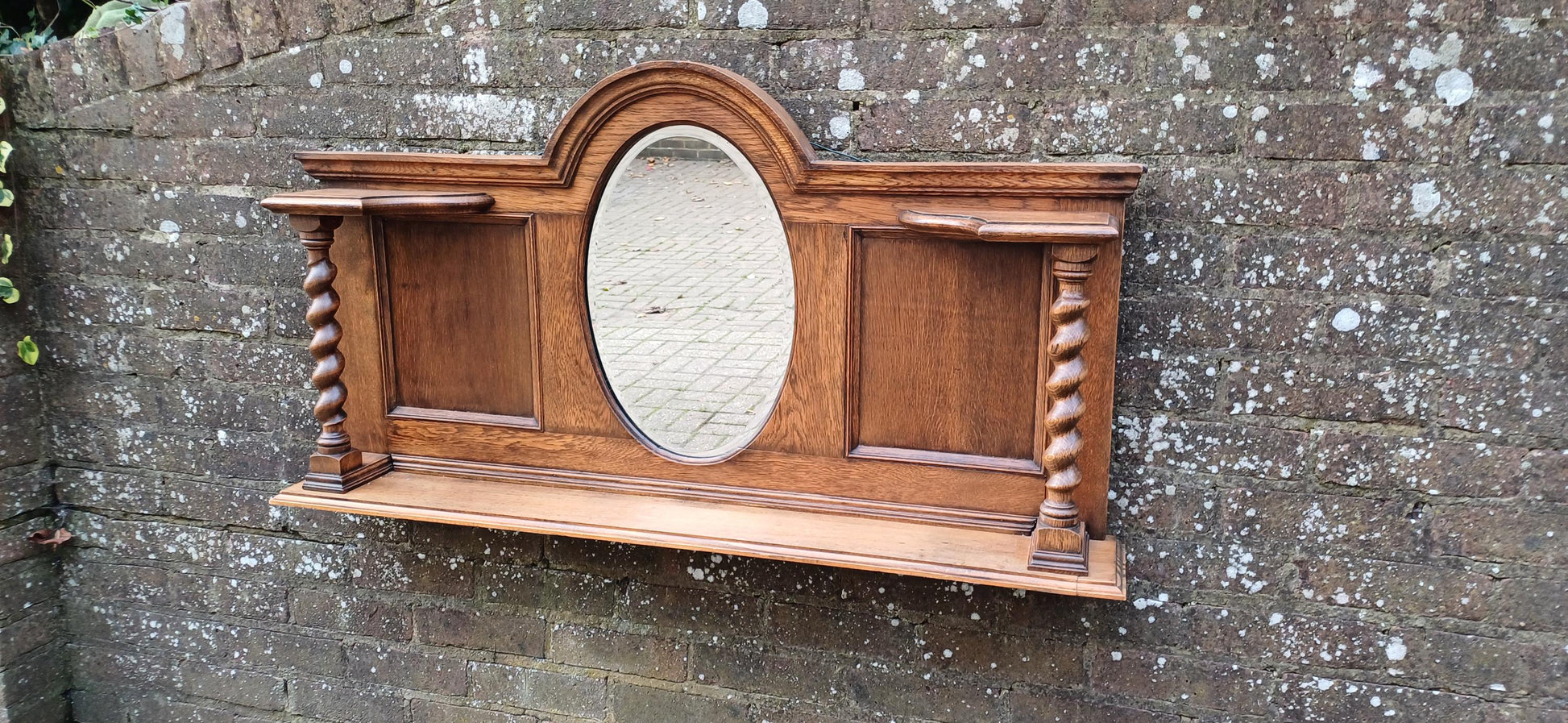 Elegant Upcycled Solid Oak Overmantel Mirror with Barley Twist Shelf & Bevelled Glass FREE HAND Delivery.