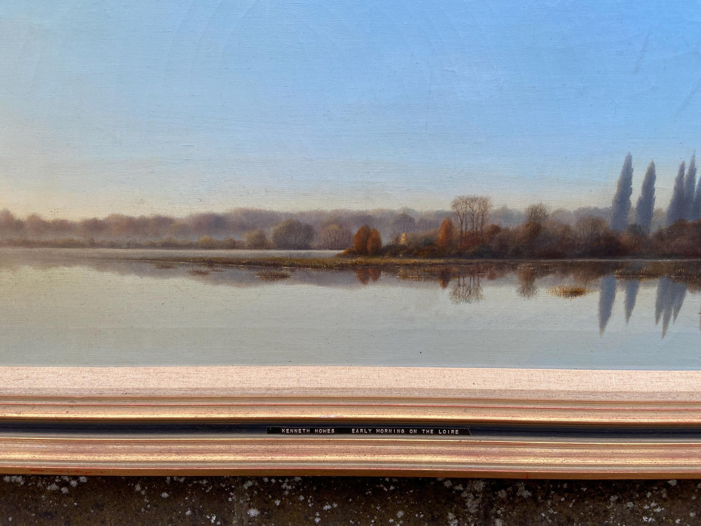 Very large Kenneth Howes Retro oil print on canvas “Early morning on the Loire” (97.5cm x 57.5cm)