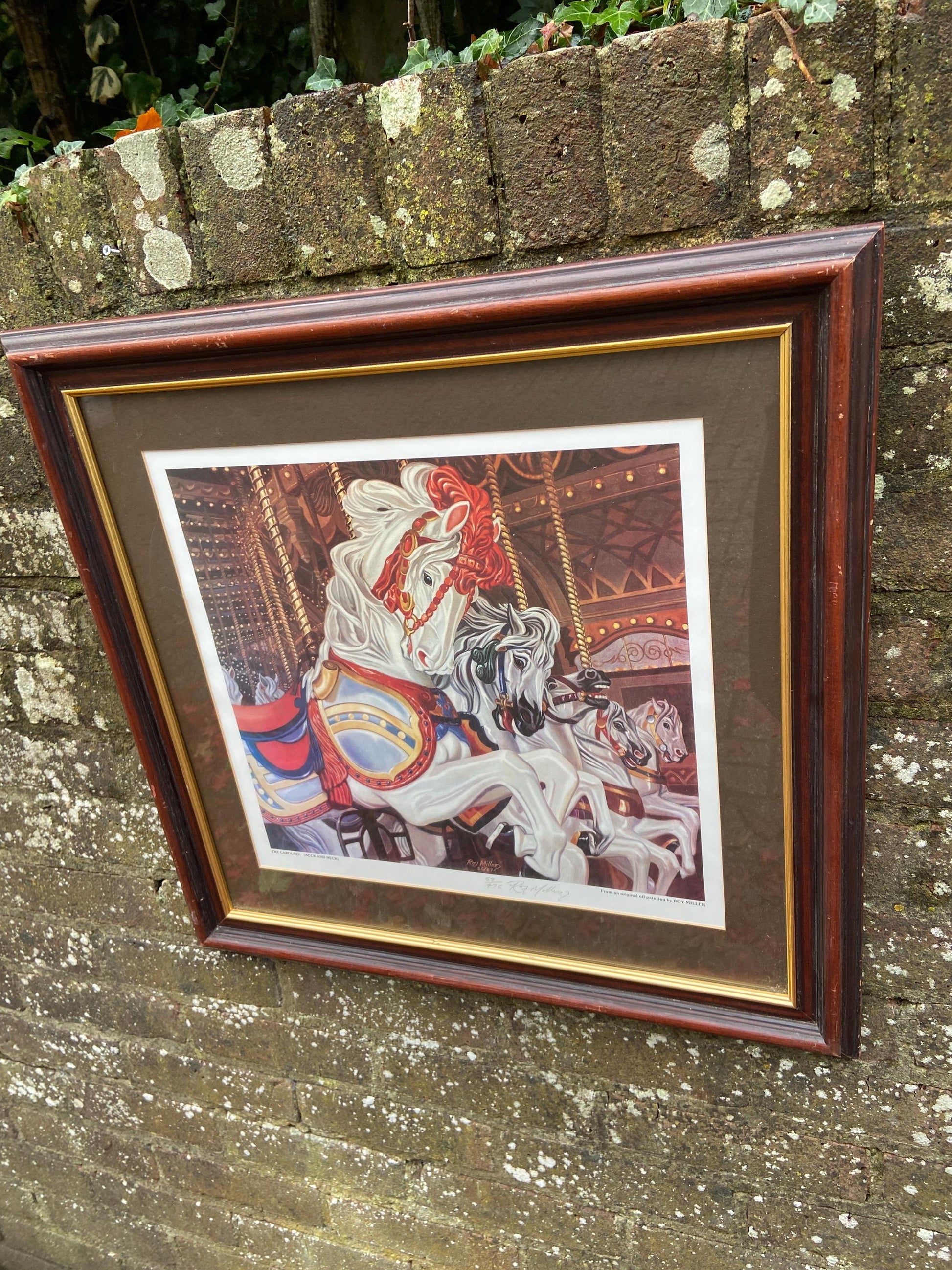 Carousel Horses "Neck and Neck" - Limited Edition vintage print (58/475) of a vintage painting by Roy Miller 1980s. Professionally framed.