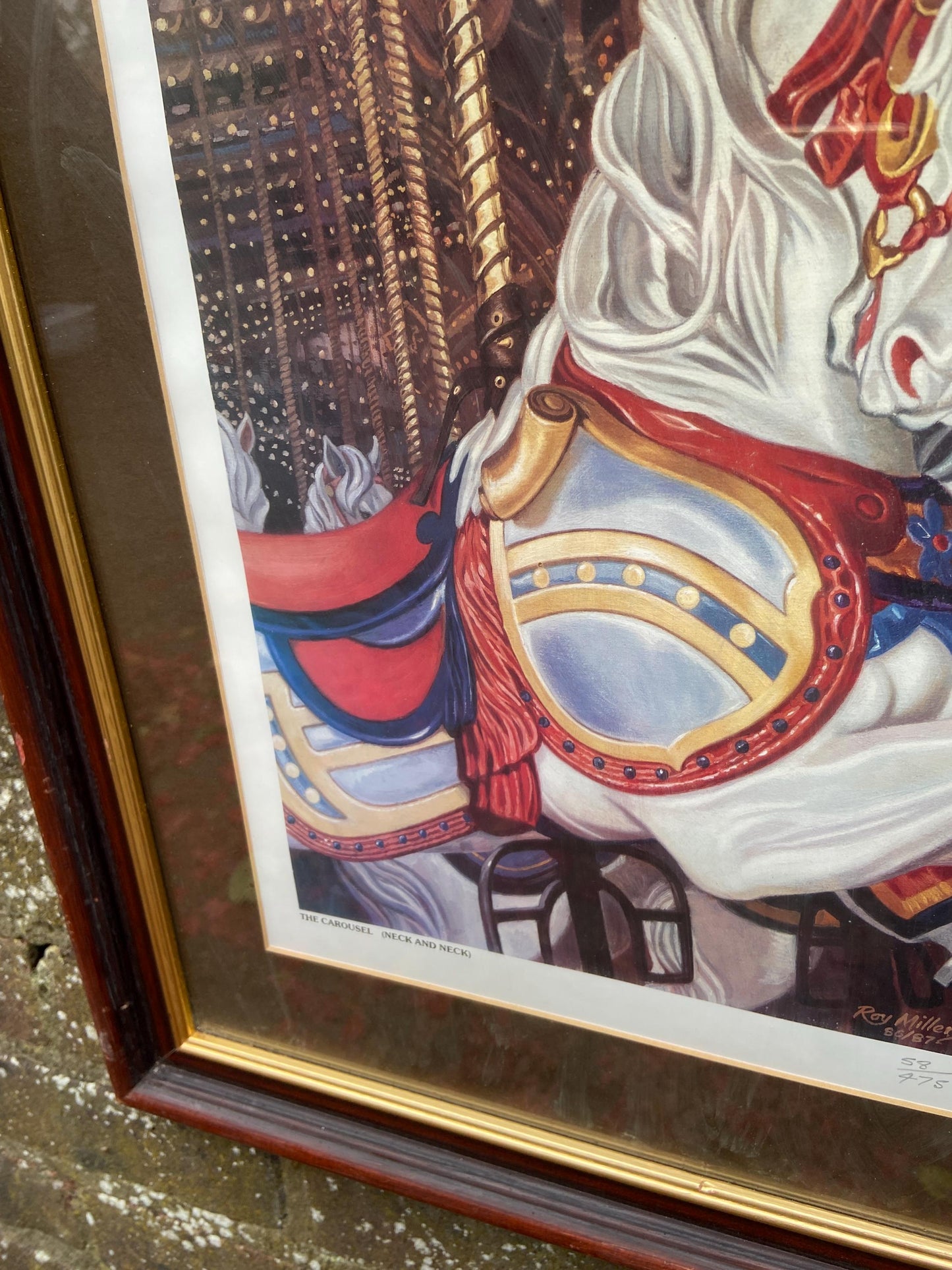 Carousel Horses "Neck and Neck" - Limited Edition vintage print (58/475) of a vintage painting by Roy Miller 1980s. Professionally framed.