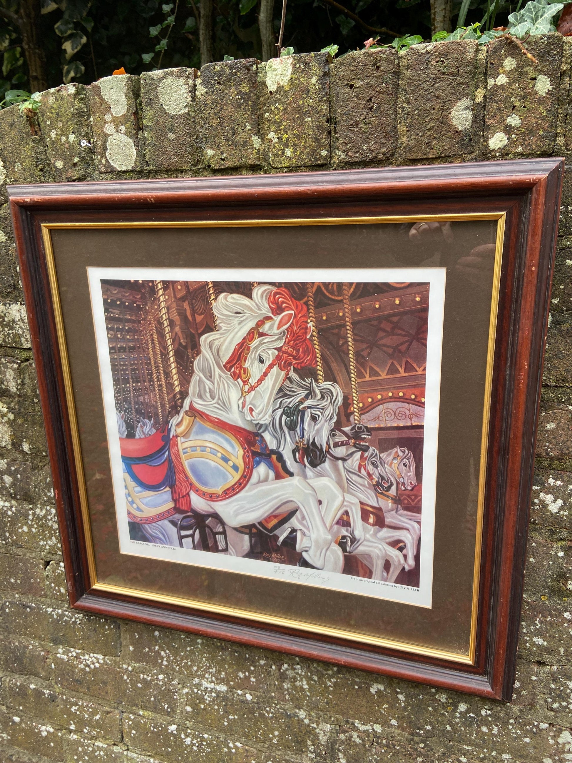 Carousel Horses "Neck and Neck" - Limited Edition vintage print (58/475) of a vintage painting by Roy Miller 1980s. Professionally framed.