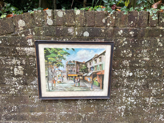 Print of an oil painting. Printed on board and framed in vintage frame. Possible Max Moreau painting. Retro painting printed. Classic french parisian street scene.